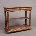 An early 20th century Flemish carved walnut marble top buffet side table with  two drawers, 115cm