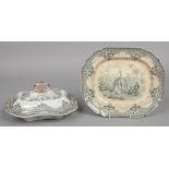 A John Ridgway entree dish and cover and a serving dish. Printed in green and gilded with the
