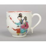 A rare Worcester coffee cup of large size and with spiked kick out loop handle. Painted in