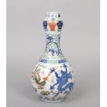 A Chinese Wucai glazed gourd shaped bottle vase. Decorated with a pair of dragons and phoenix