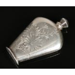 An aesthetic movement sterling silver miniature scent bottle of high shouldered form.  With