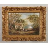 John Henry Dell (1930-1888) gilt framed oil on canvas. Country scene with a cottage and figures.