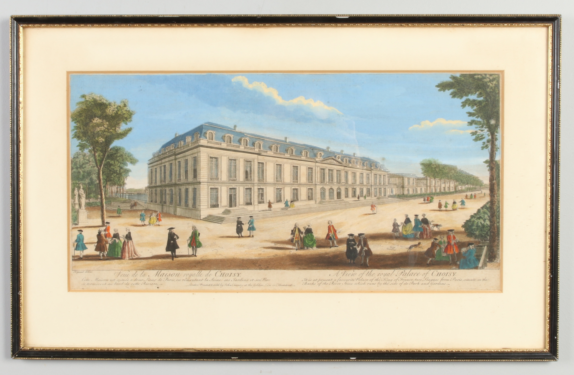 Two 18th century hand tinted engravings in parcel gilt frames. A view of the Palace of Marli and - Image 2 of 3