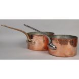 Two large copper cooking pans. One with brass and one with steel handle. The smaller stamped