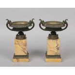 A pair of 19th century sienna marble and bronze pedestal urns of Neo-Classical form. With