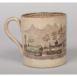 A 19th century pottery printware railway mug. Decorated in brown with a continuing landscape and a