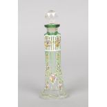 A 19th century Bohemian cut glass scent bottle. Green tinted and enamelled with flowers, 16cm.