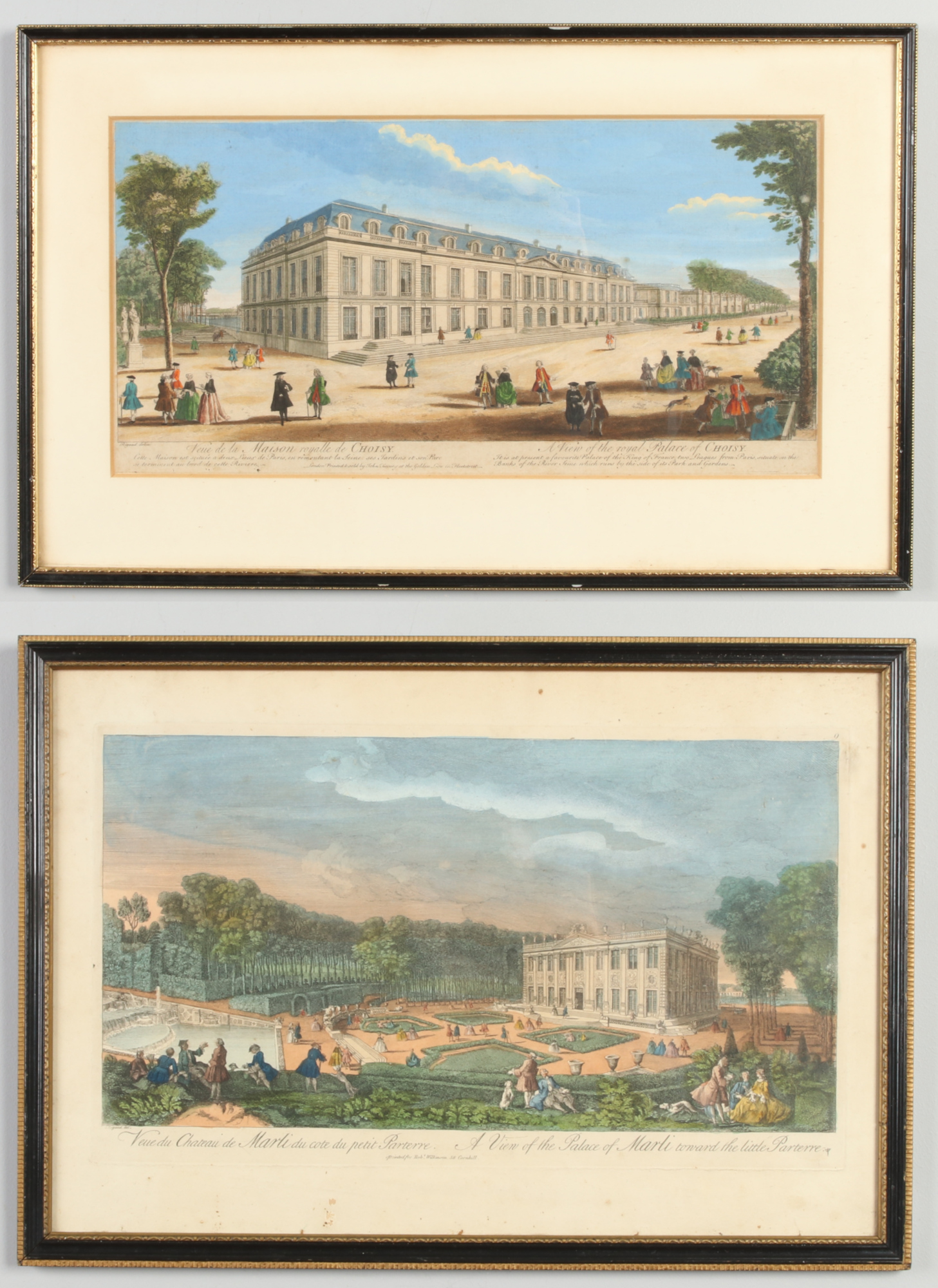 Two 18th century hand tinted engravings in parcel gilt frames. A view of the Palace of Marli and