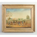 C. Lees (British 19th century) framed oil on tin. Gentlemen in 18th century attire playing golf with