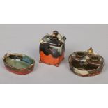 A Japanese Sumida Gawa brush washer, koro and an inkstand. Each decorated with drip glaze and