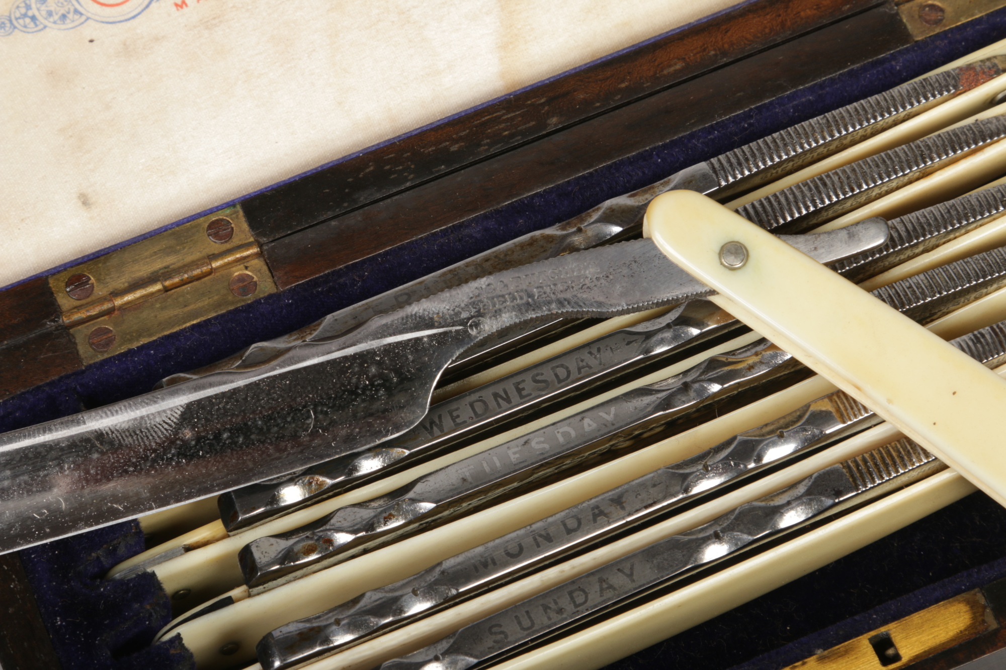 A Wade & Butcher seven day cut throat razor set in brass mounted coromandel locking case. Razor - Image 5 of 5