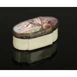 An 18th century Staffordshire enamel pill box. With pale yellow ground and painted to the top with a