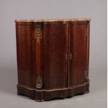 An early 19th century French marble top side cabinet. Serpentine in form, with parquetry inlaid