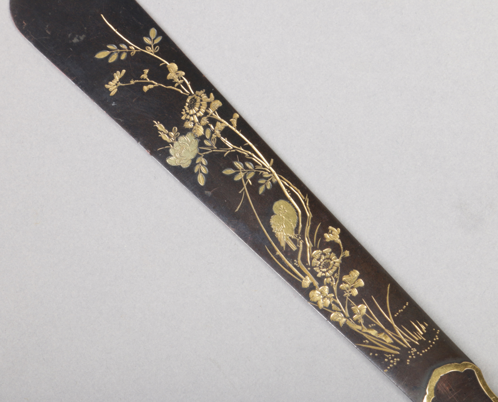 A Japanese bronze paper knife. Engraved with birds and flowers and having gilt embellishments, 22. - Image 3 of 6