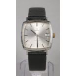 A Gentleman's Omega Geneve stainless steel manual wristwatch. With square satin dial, baton markers,