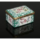 An 18th century enamel snuff box of rectangular form and with gilt metal mount. Green ground,