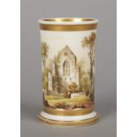 A Rockingham cylindrical spill vase raised on a spreading foot. With gilt bands and enamelled with a
