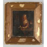 An early 19th century small gilt framed oil on panel. Genre interior scene with an old woman