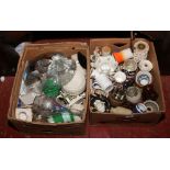 Two boxes of miscellaneous to include etched glass decanters, stoneware, Wedgwood etc.