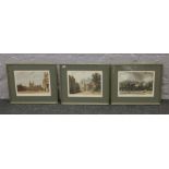 Three gilt framed coloured engravings, Harrow Church and School, Eton College and Charter House.