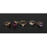 Five 9ct gold rings to include diamond, garnet, amethyst examples, gross weight 12.67 grams.