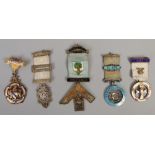 Five silver masonic badges to include Steward examples, Domatic Lodge etc.