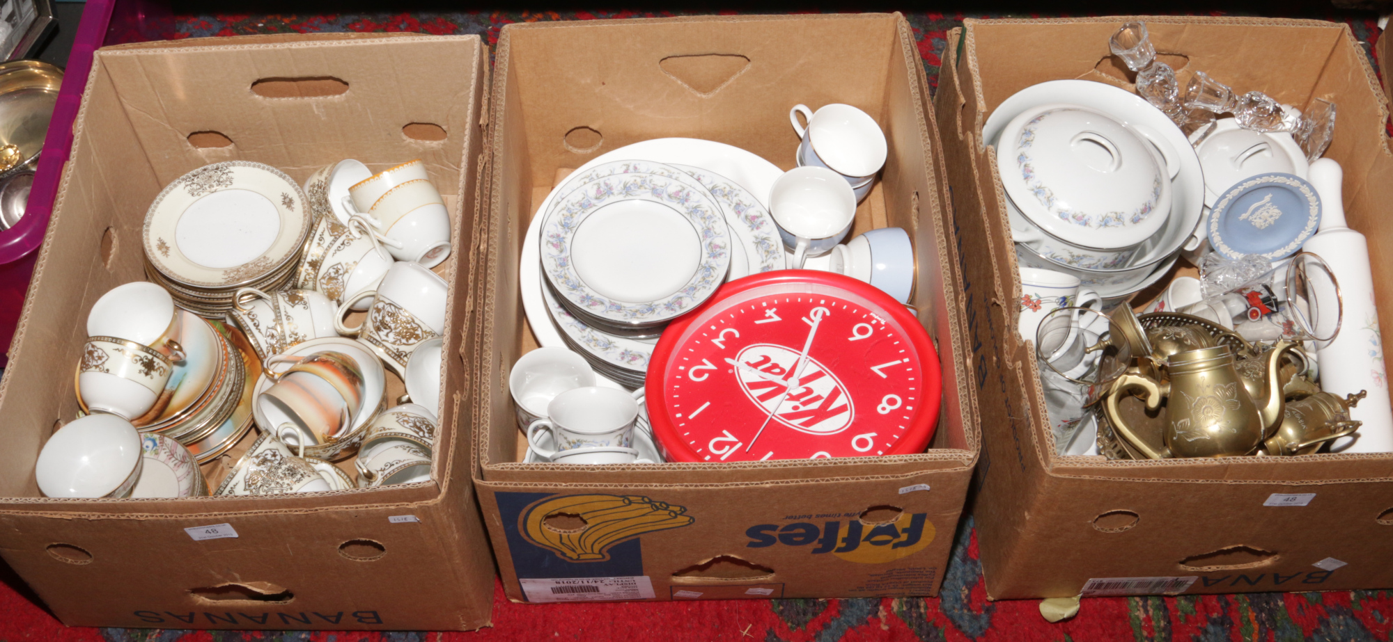 Three boxes of miscellaneous to include Noritake and German teawares, Wedgwood, brasswares etc.