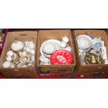 Three boxes of miscellaneous to include Noritake and German teawares, Wedgwood, brasswares etc.