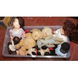 A box of vintage bears and dolls to include jointed bear examples etc.