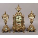 A French Serves style gilt metal clock garniture with 8 day movement.