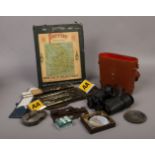 A box of collectables to include AA badges, padlock, Tohyoh binoculars compass set etc.