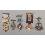 Five masonic badges to include four silver and one paste set example.