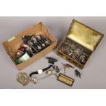 A box of collectables to include fishing spinners / weights, demitasse spoons, wristwatches etc.