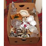 A box of miscellaneous to include Colclough teawares, silver plate, wall clock, barometer, cloisonne