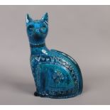 A Bitossi Italian studio pottery stylized model of a seated cat. Turquoise glazed and having incised