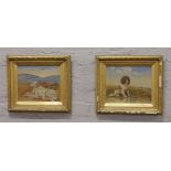 A pair of 19th century gilt framed oil on canvas, rural landscapes with dogs.