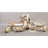 A group of decorative items including a Capodimonte style figure group (repaired) along with similar