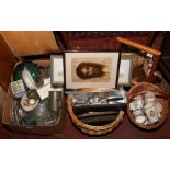 A box and two baskets of miscellaneous glass ceramics, cutlery and wooden items to include