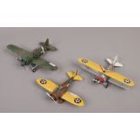 Three Diecast metal models of aircraft including USA Airforce Boeing P26 (Peashooter) Brewster