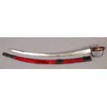 An Indian dress sword with inlaid hardwood grip, etched blade and velvet mounted scabbard.