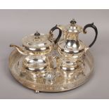 A Walker & Hall silver plate teaset on tray, along with a silver mustard pot and pair of silver