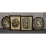 Two vintage oval mahogany picture frames with monochrome prints of young girls, along with two