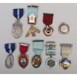 Nine masonic badges mainly silver to include Venturer Lodge Founder, Lodge No. 13, Royal Masonic