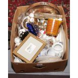 A box of miscellaneous to include mother of pearl hand fan, framed Lyme Regis watercolour, Hornsea