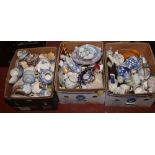 Three boxes of miscellaneous to include oriental wares, oil lamp style table lamp, commemorative