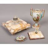 A marble desk stand and blotter along with a twin handled urn shape vase and a porcelain trinket