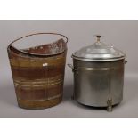 A brass bound wooden peat bucket with liner and of navette form along with an Art Deco chrome coal