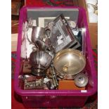 A box of metalwares, mainly silver plate to include photograph frames, candlesticks, serving tray