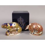 Two Royal Crown Derby paperweights, Armadillo and Chameleon.