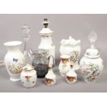A collection of bone china and glass to include Aynsley, Royal Albert, decanters etc.